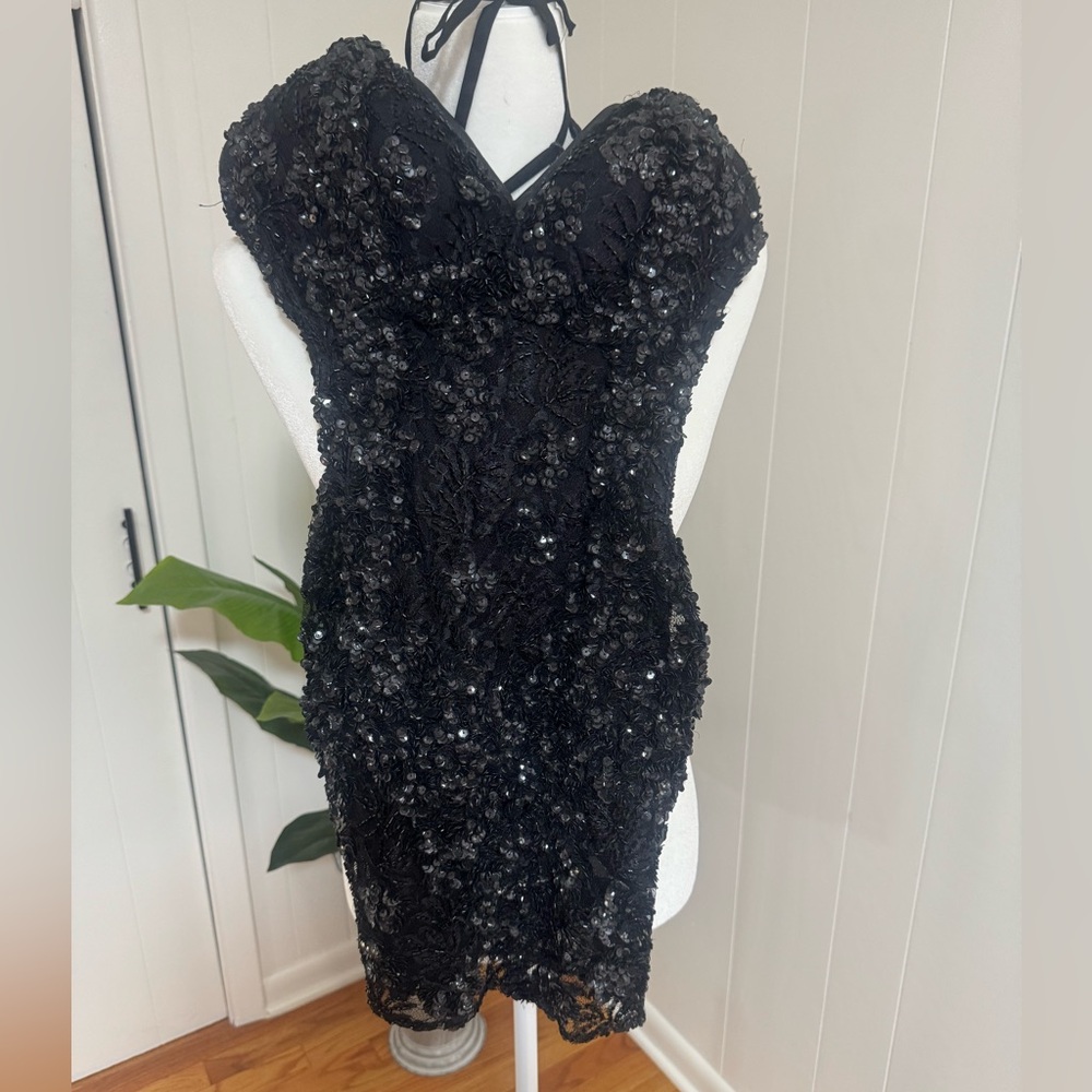 Black Sequin Lace Mini Dress with Halter Detail